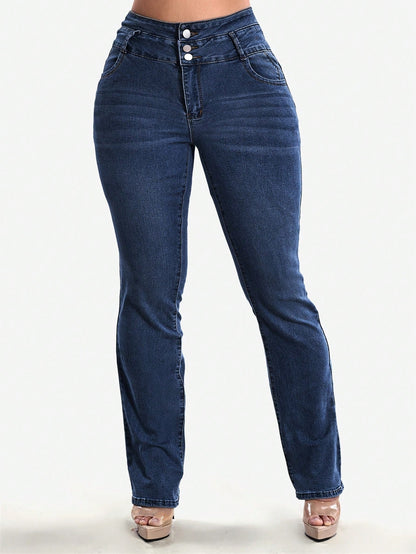 Stretch jeans voor dames met hoge taille, drie knopen en gestikte achterzakken - donkerblauw