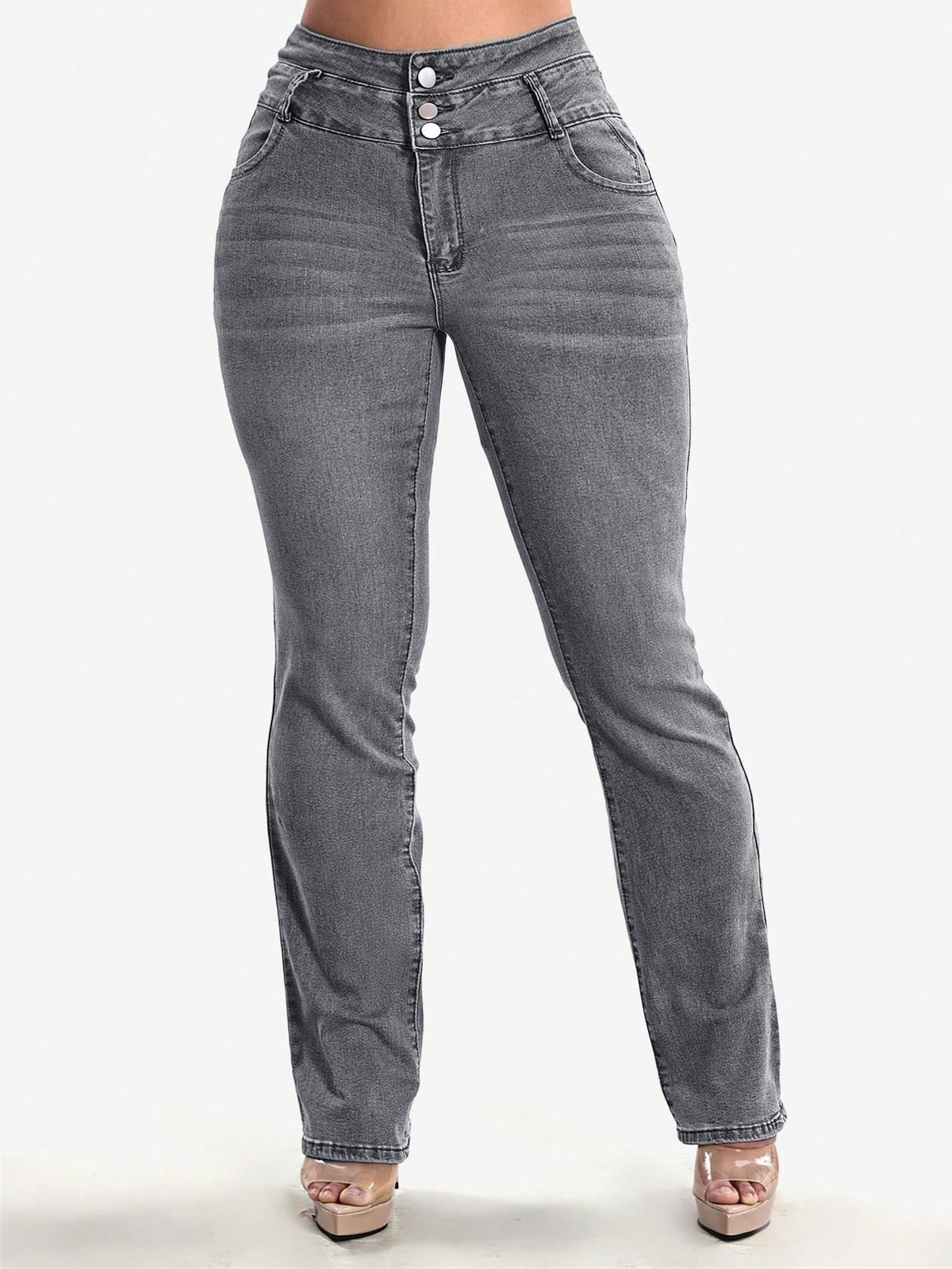 Stretch jeans voor dames met hoge taille, drie knopen en gestikte achterzakken - grijs