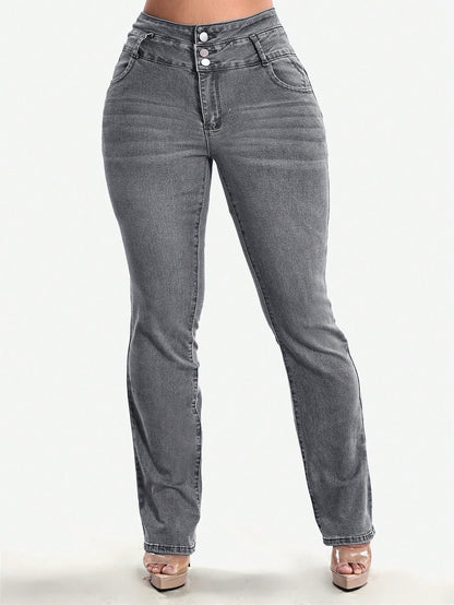 Stretch jeans voor dames met hoge taille, drie knopen en gestikte achterzakken - grijs