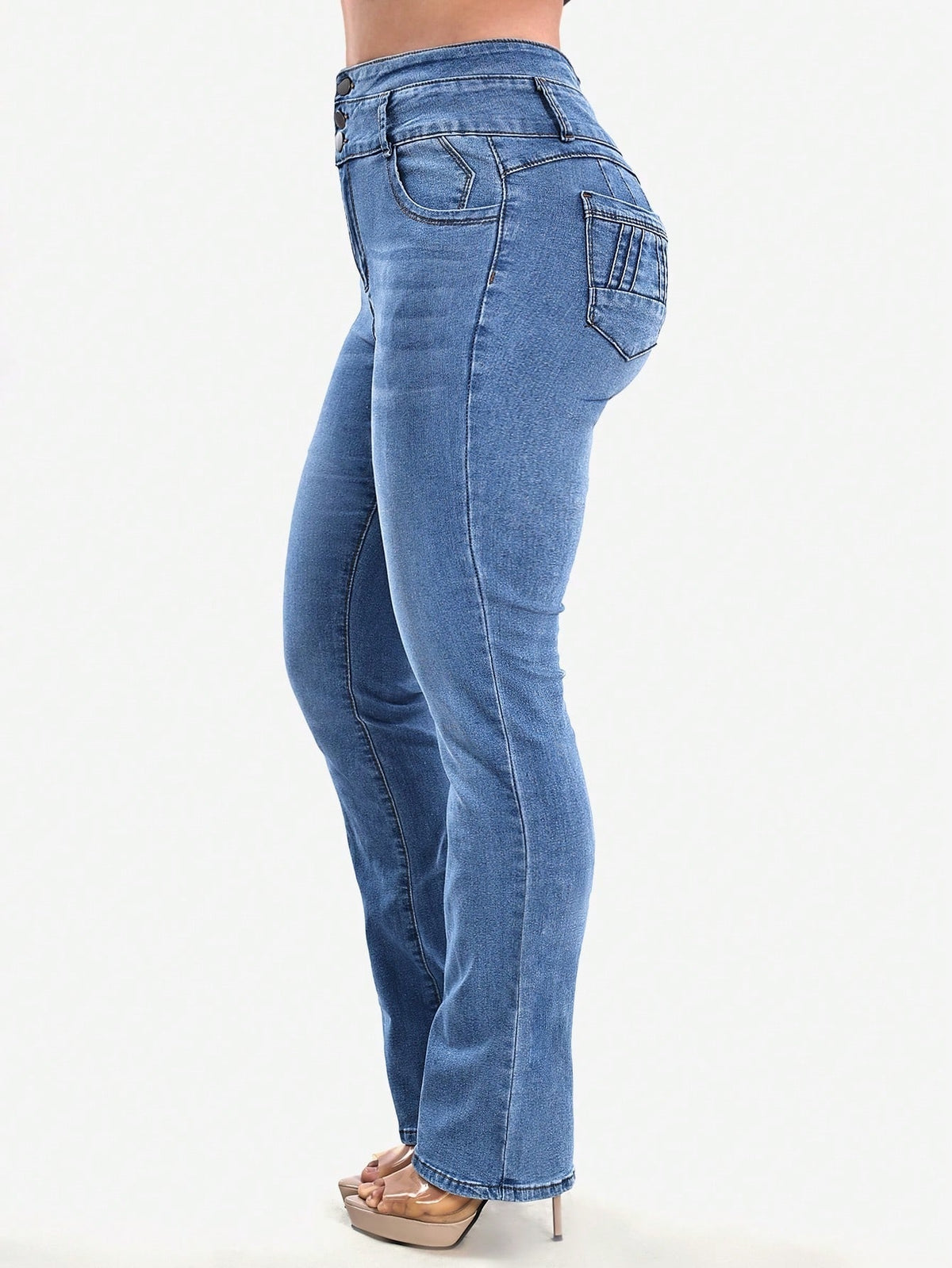 Stretch jeans voor dames met hoge taille, drie knopen en gestikte achterzakken - beeld 6