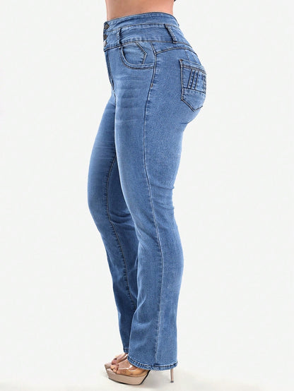 Stretch jeans voor dames met hoge taille, drie knopen en gestikte achterzakken - beeld 6