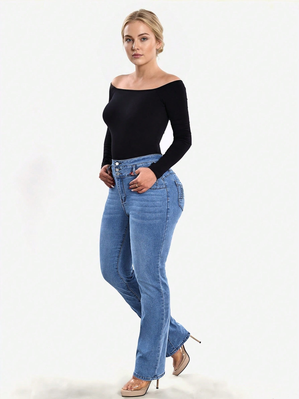 Stretch jeans voor dames met hoge taille, drie knopen en gestikte achterzakken - beeld 7