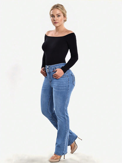 Stretch jeans voor dames met hoge taille, drie knopen en gestikte achterzakken - beeld 7