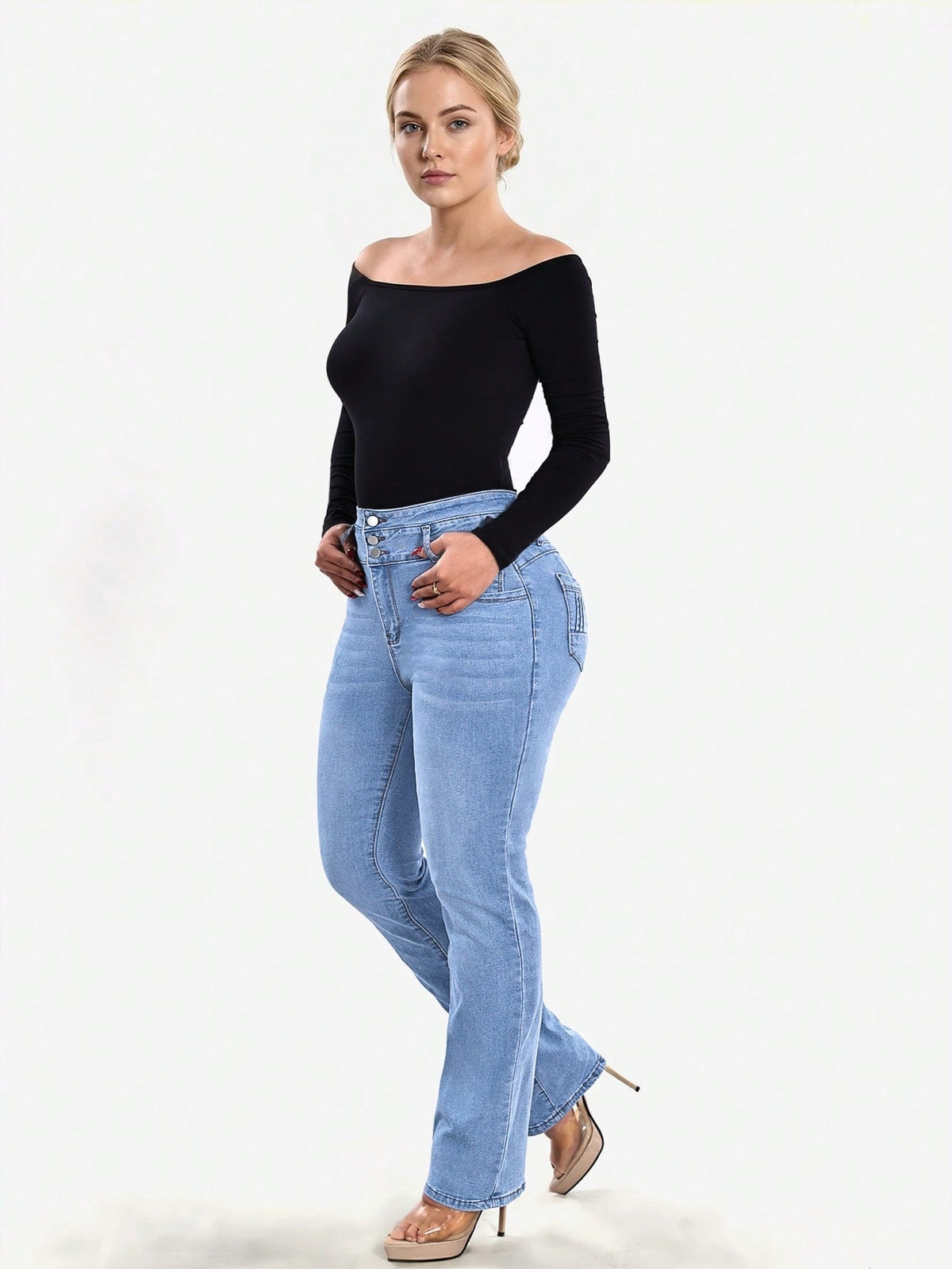 Stretch jeans voor dames met hoge taille, drie knopen en gestikte achterzakken - beeld 8