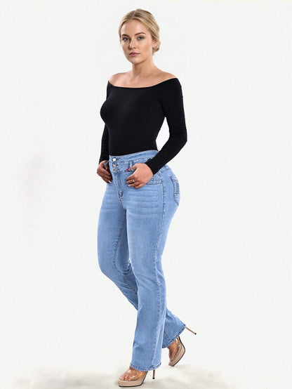 Stretch jeans voor dames met hoge taille, drie knopen en gestikte achterzakken - beeld 8