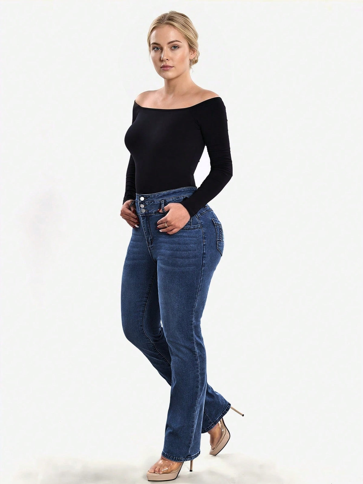 Stretch jeans voor dames met hoge taille, drie knopen en gestikte achterzakken - beeld 9