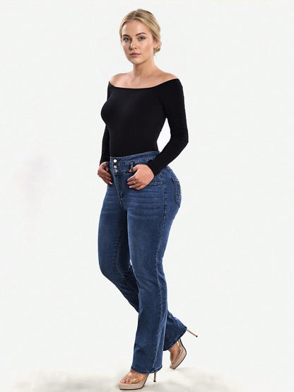 Stretch jeans voor dames met hoge taille, drie knopen en gestikte achterzakken - beeld 9