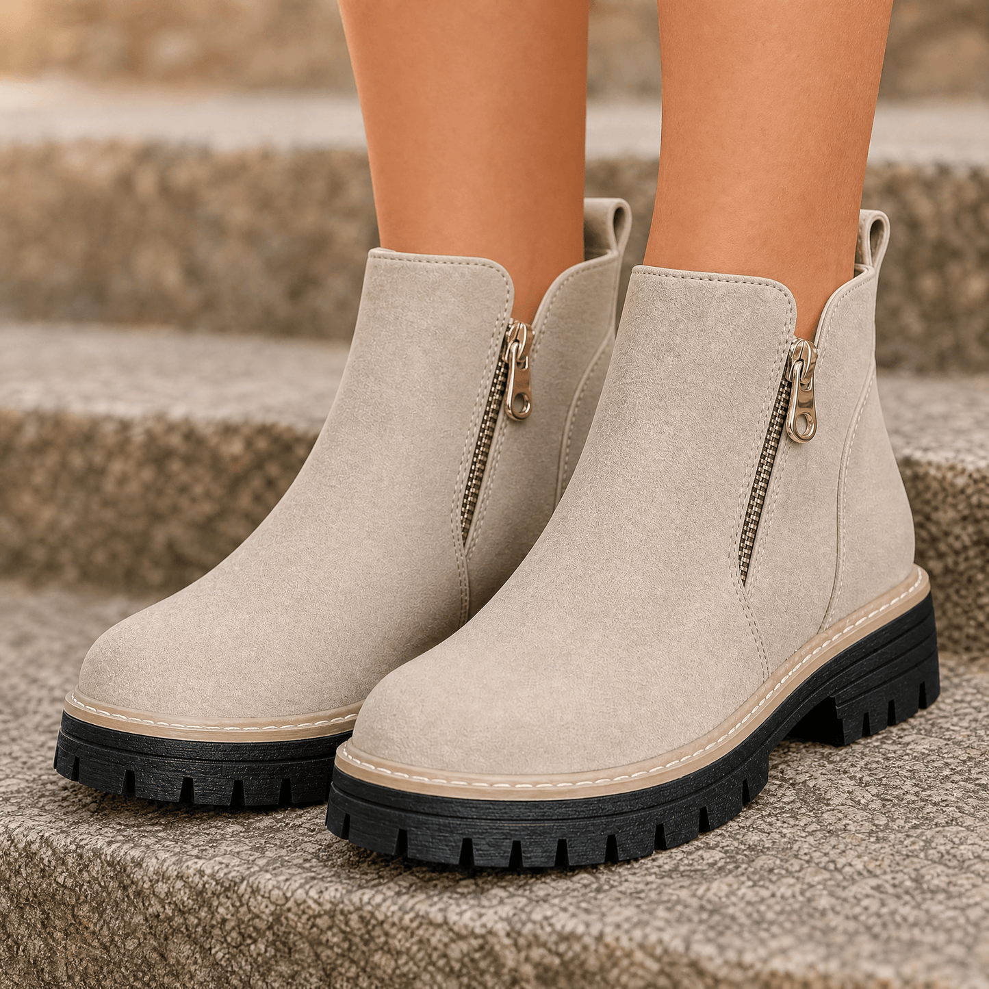 Enkellaarzen dames met rits en plateau in Beige