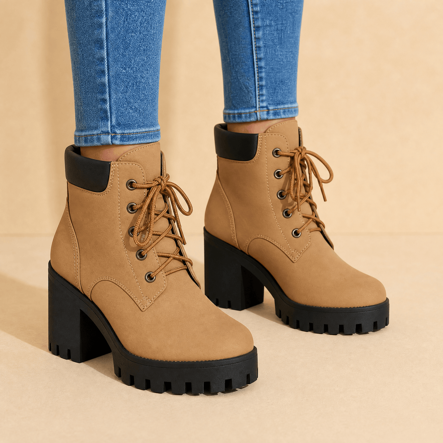 Veterboots dames met plateau in Camel