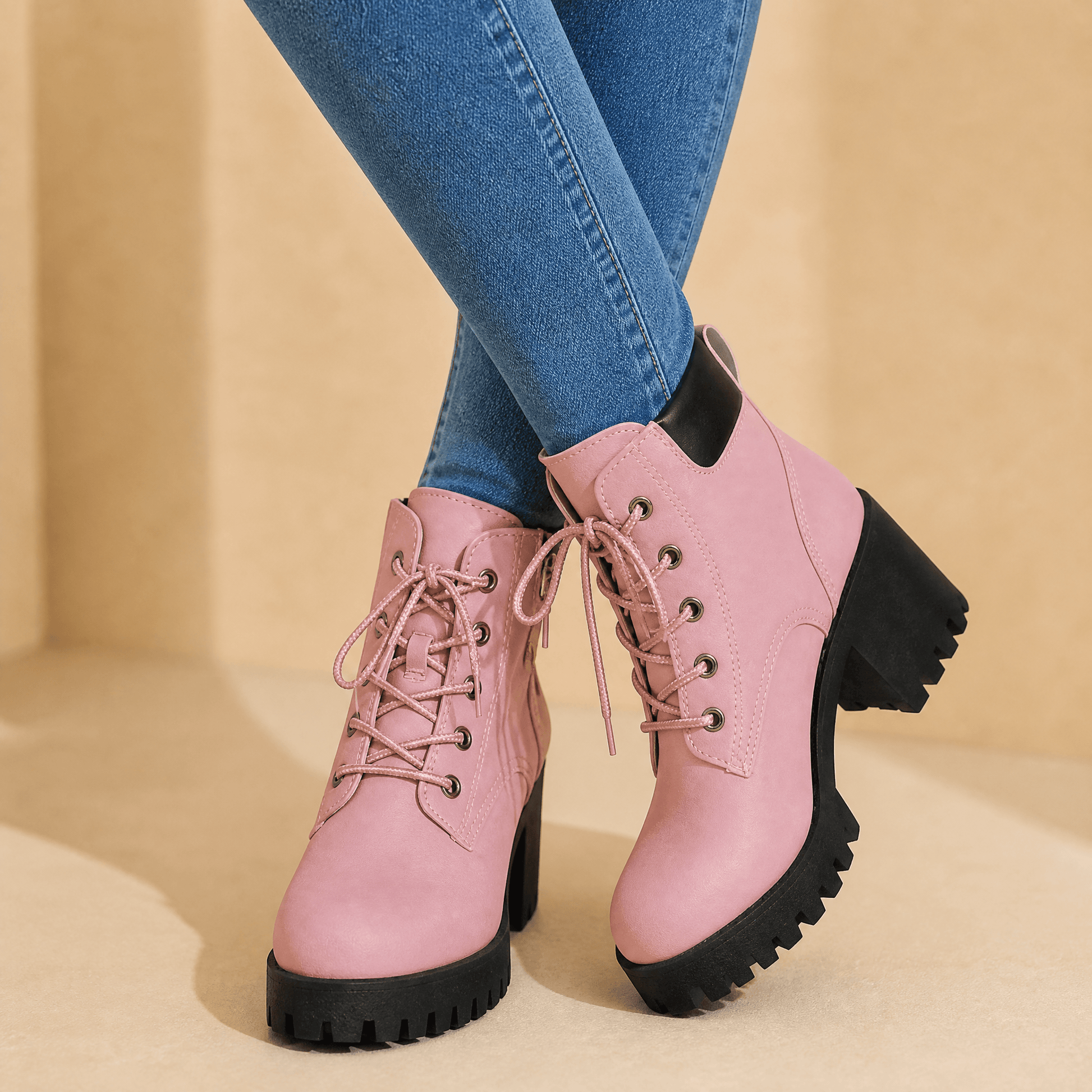 Veterboots dames met plateau in Roze