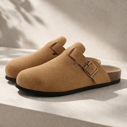 Suède clogs met kurken voetbed en gesp voor dames en heren - camel