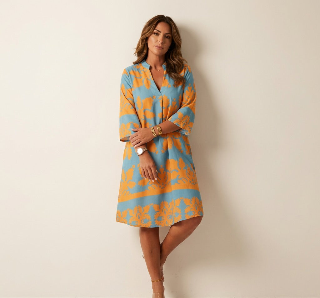 Tuniekjurk dames met damastprint in oker/blauw