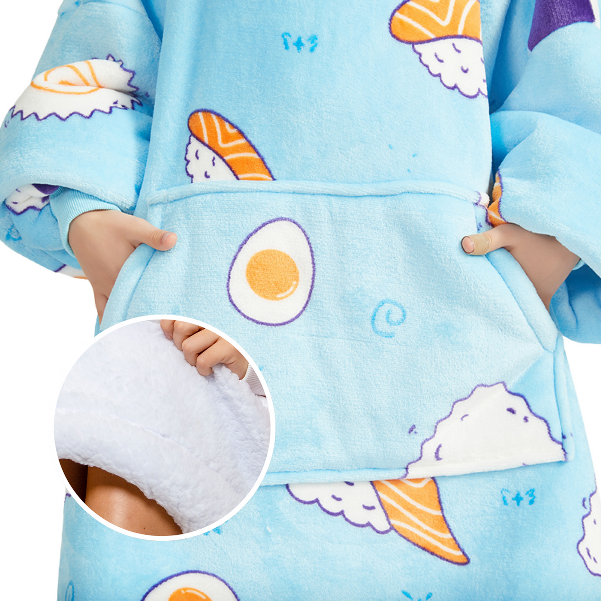 Kinder Hoodie Deken met Sushiprint en Sherpavoering