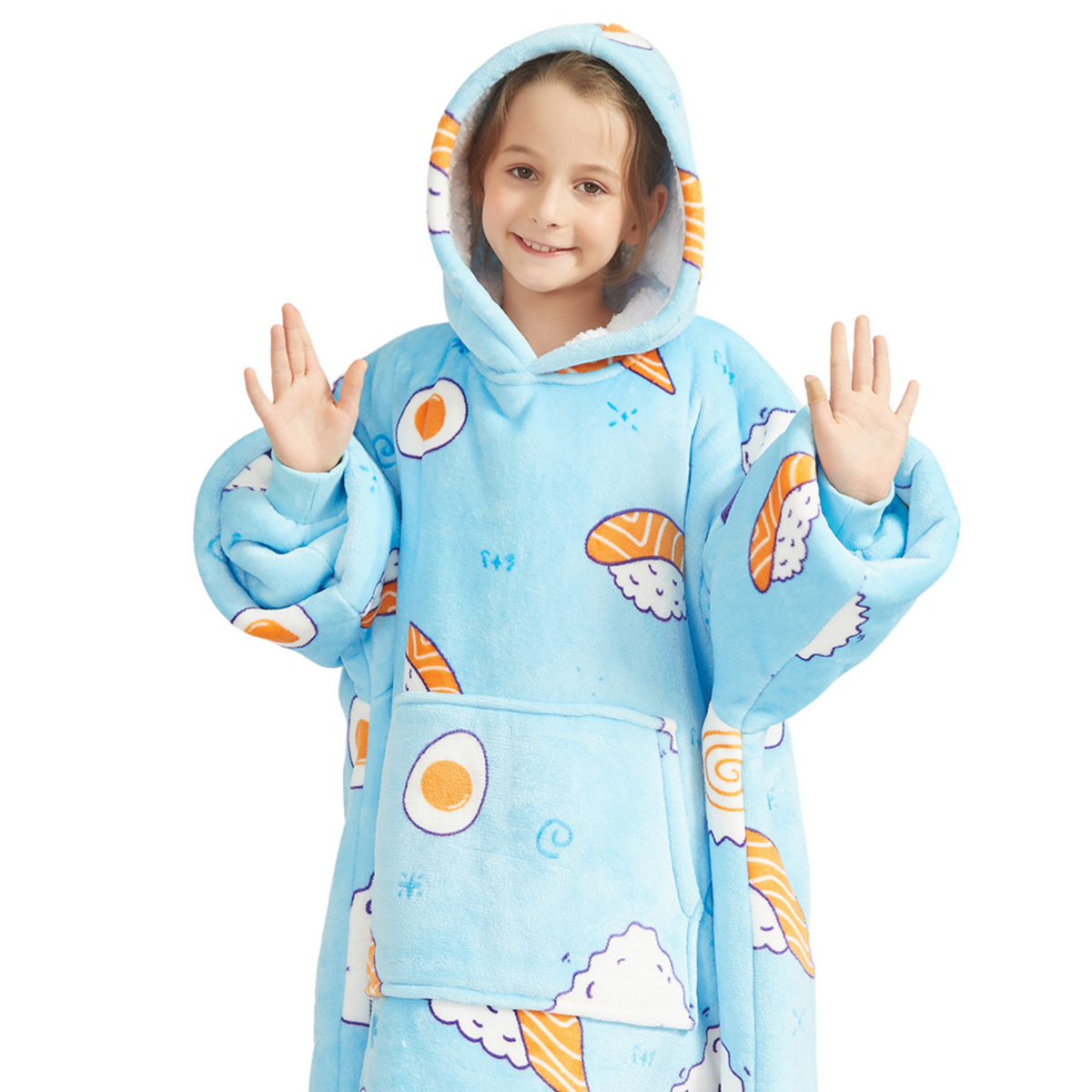 Kinder Hoodie Deken met Sushiprint en Sherpavoering
