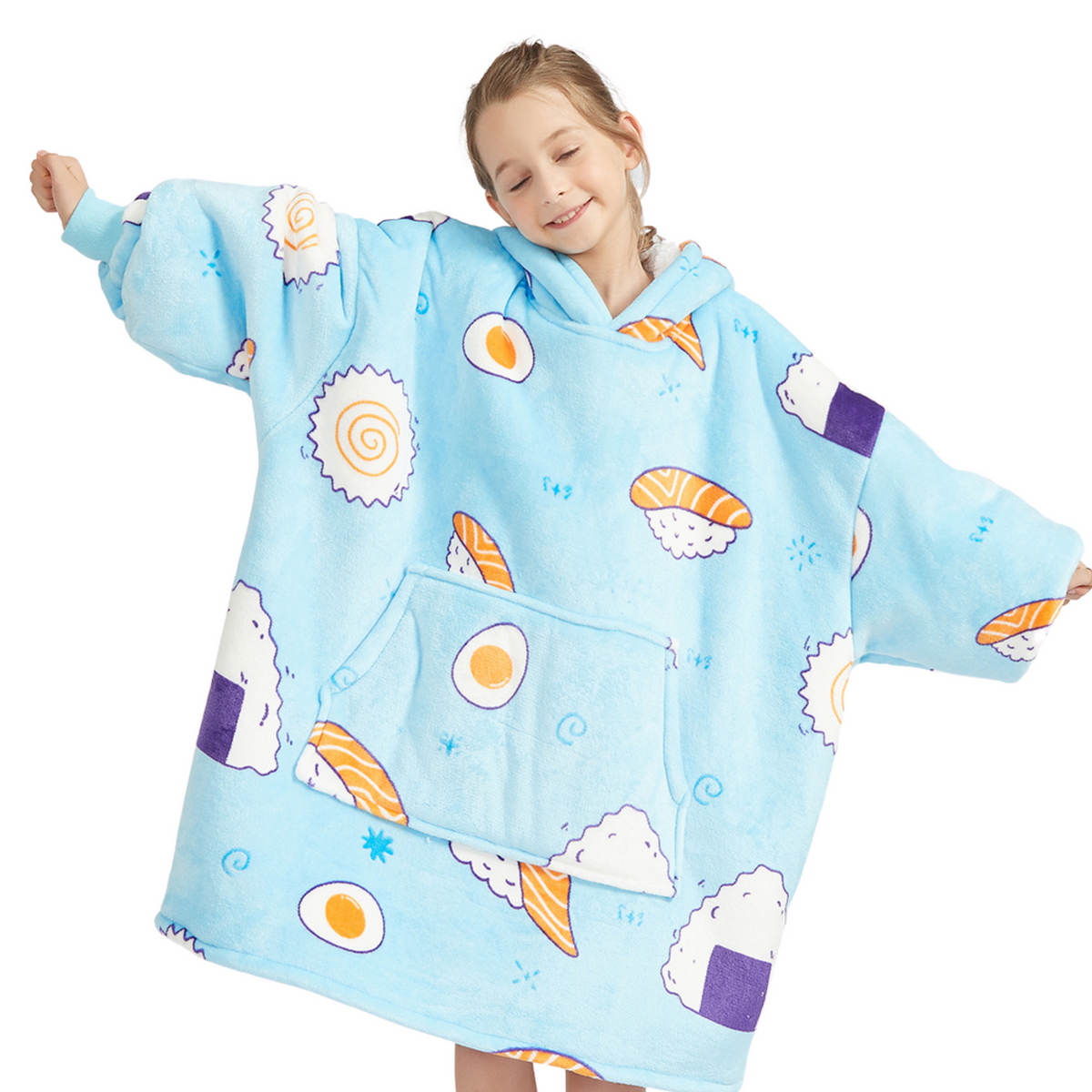Kinder Hoodie Deken met Sushiprint en Sherpavoering