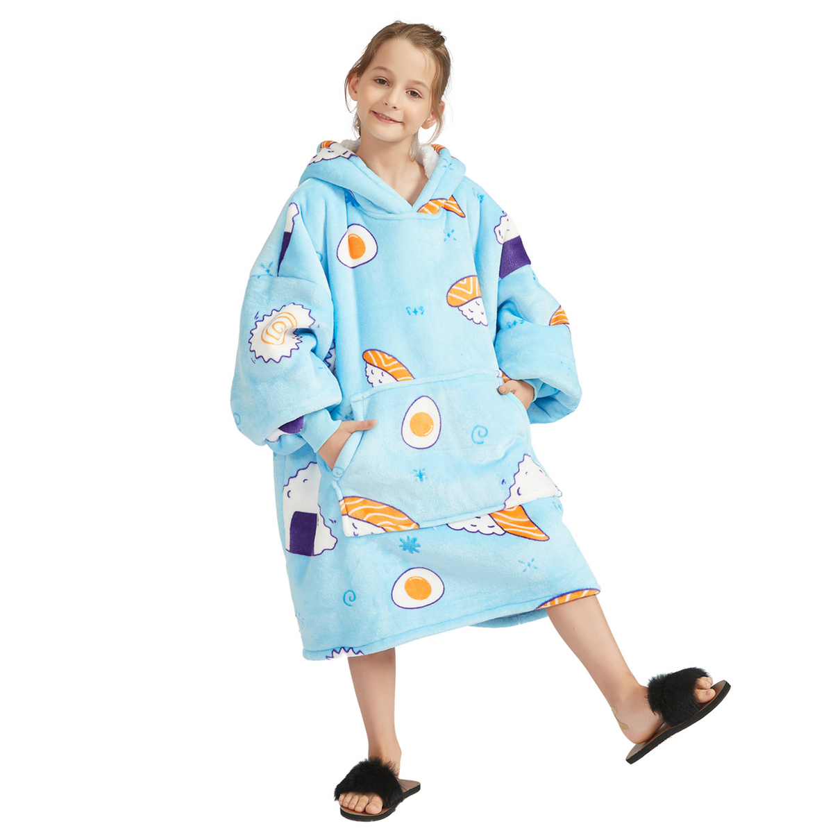Kinder Hoodie Deken met Sushiprint en Sherpavoering