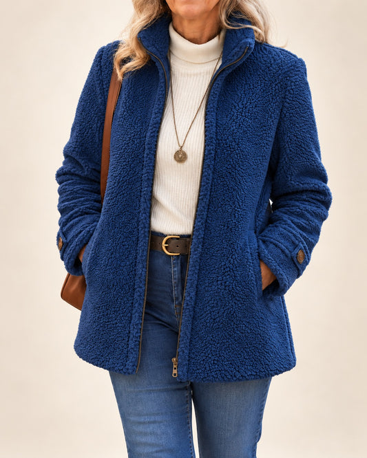 Teddy damesjas met opstaande kraag en ritssluiting - blauw