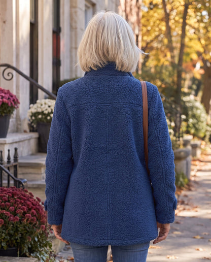 Teddy damesjas met opstaande kraag en ritssluiting - blauw
