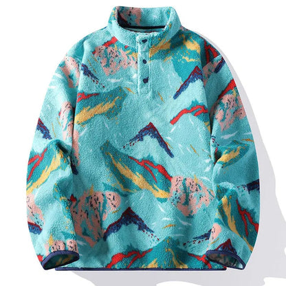 Teddy fleece herentrui met bergprint en drukknopen aan de hals - turquoise