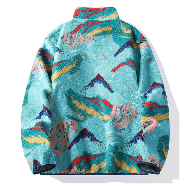 Teddy fleece herentrui met bergprint en drukknopen aan de hals - beeld 2