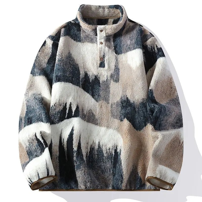 Teddy fleece herentrui met bergprint en drukknopen aan de hals - beige-grijs