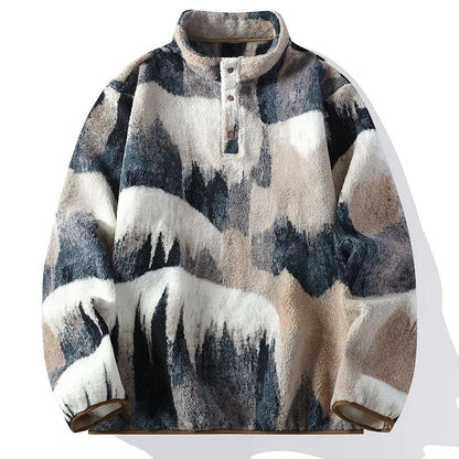 Teddy fleece herentrui met bergprint en drukknopen aan de hals - beige-grijs