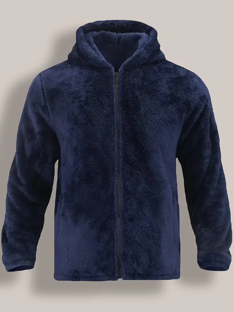 Teddy herenjas met capuchon en doorlopende rits - donkerblauw