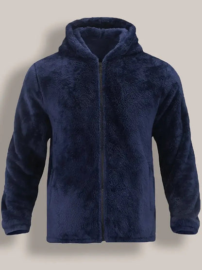 Teddy herenjas met capuchon en doorlopende rits - donkerblauw