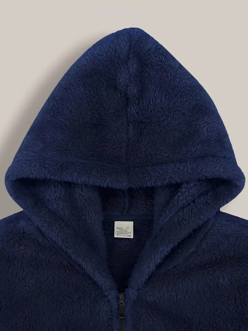 Teddy herenjas met capuchon en doorlopende rits - donkerblauw