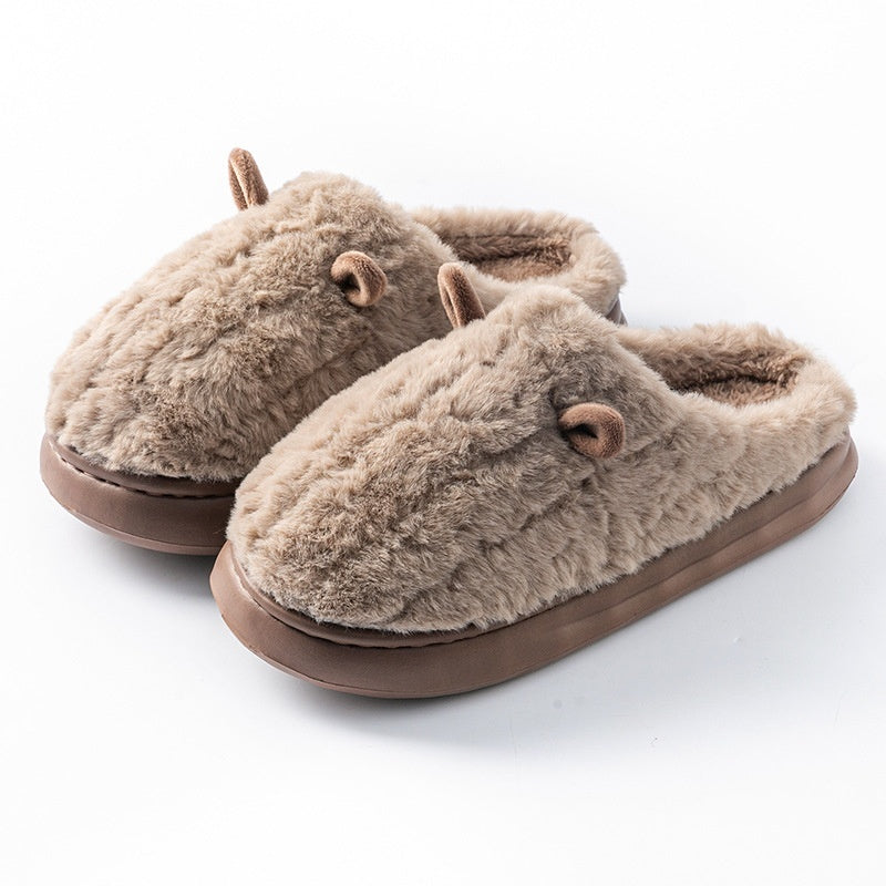 Teddy pantoffels voor dames met twee oortjes op de neus, pluche voering en dikke zool - bruin