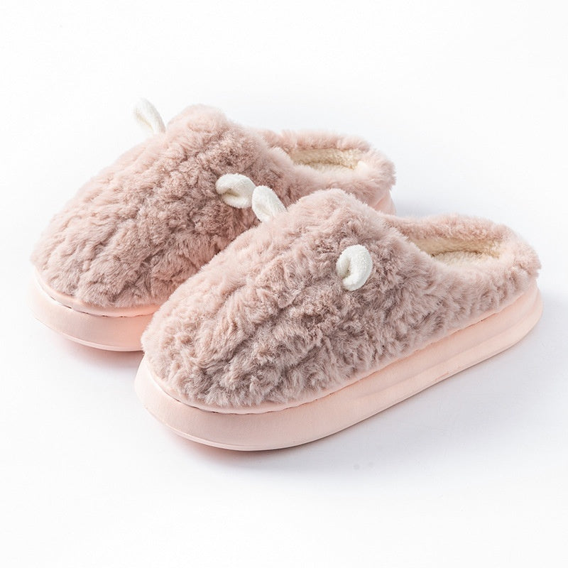 Teddy pantoffels voor dames met twee oortjes op de neus, pluche voering en dikke zool - roze