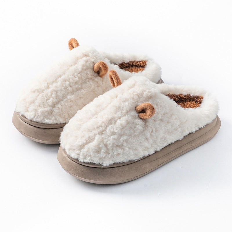 Teddy pantoffels voor dames met twee oortjes op de neus, pluche voering en dikke zool - crème