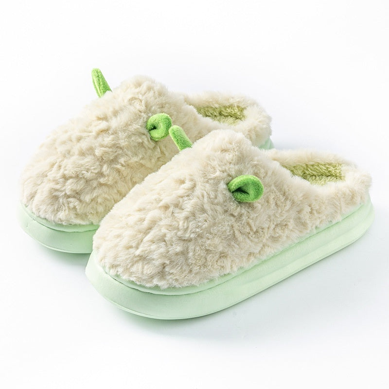 Teddy pantoffels voor dames met twee oortjes op de neus, pluche voering en dikke zool - crème-groen