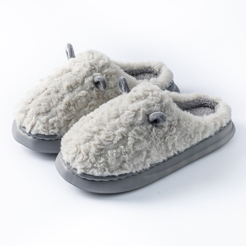 Teddy pantoffels voor dames met twee oortjes op de neus, pluche voering en dikke zool - grijs