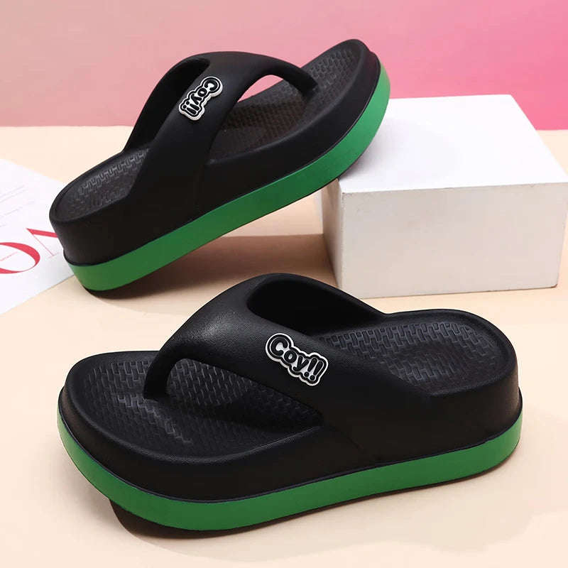 Teenslippers voor dames van EVA met dikke plateauzool in twee kleuren en brede band - zwart/groen