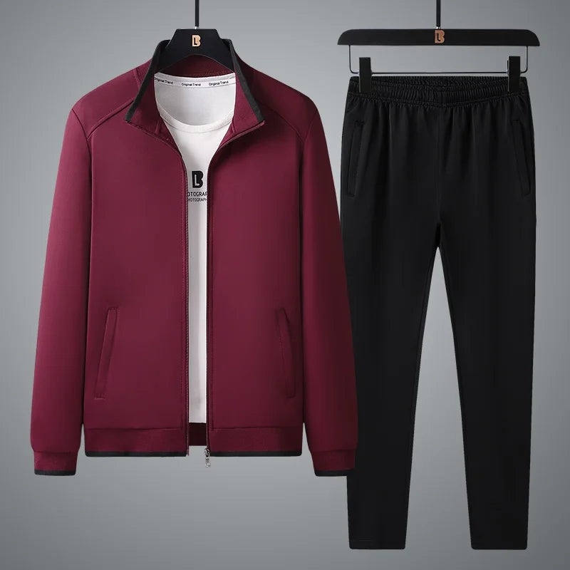 Tweedelig trainingspak voor heren met ritsvest, opstaande kraag en joggingbroek - bordeaux