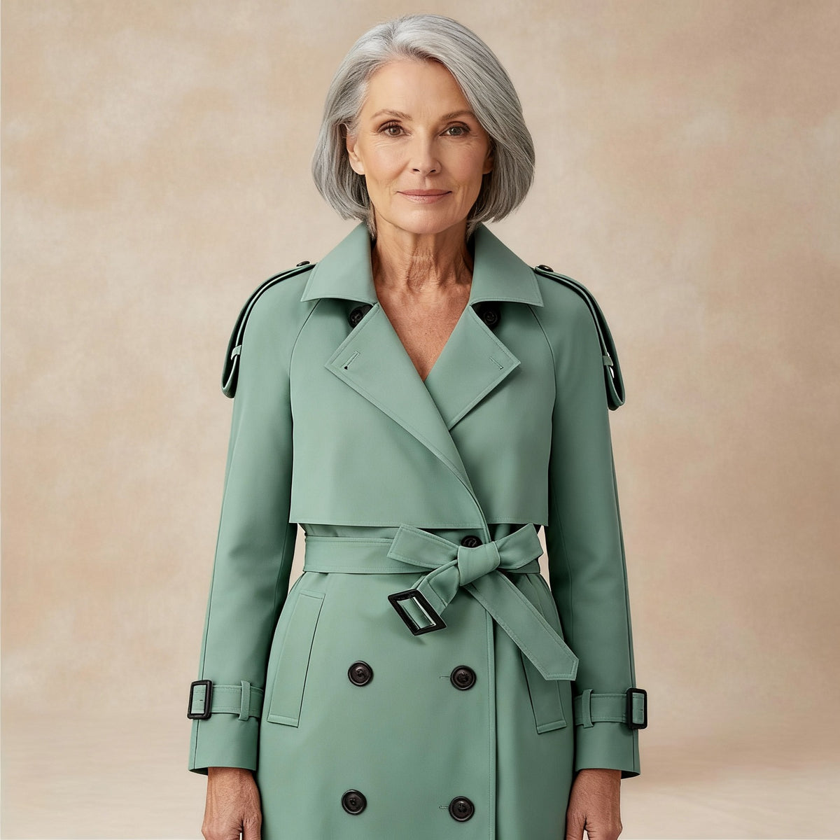 Trenchcoat voor dames met schouderpatten en strikceintuur - saliegroen