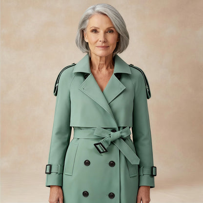 Trenchcoat voor dames met schouderpatten en strikceintuur - saliegroen