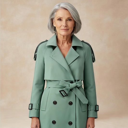 Trenchcoat voor dames met schouderpatten en strikceintuur - saliegroen