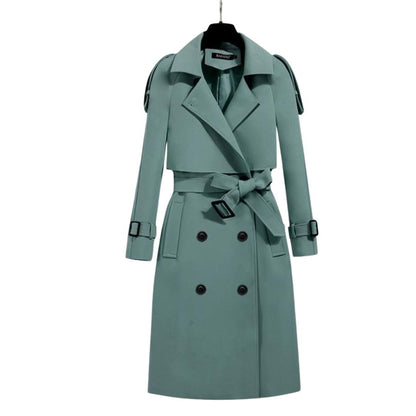 Trenchcoat voor dames met schouderpatten en strikceintuur - saliegroen