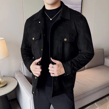Truckerjack voor heren in suède look met twee borstzakken met klep - zwart
