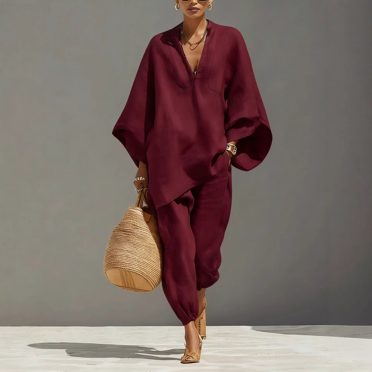 Tweedelige damesset in linnenlook met vleermuismouwen en V-hals - bordeaux
