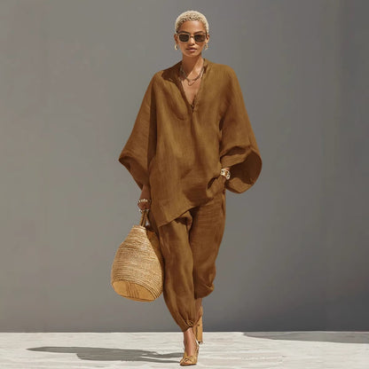 Tweedelige damesset in linnenlook met vleermuismouwen en V-hals - camel