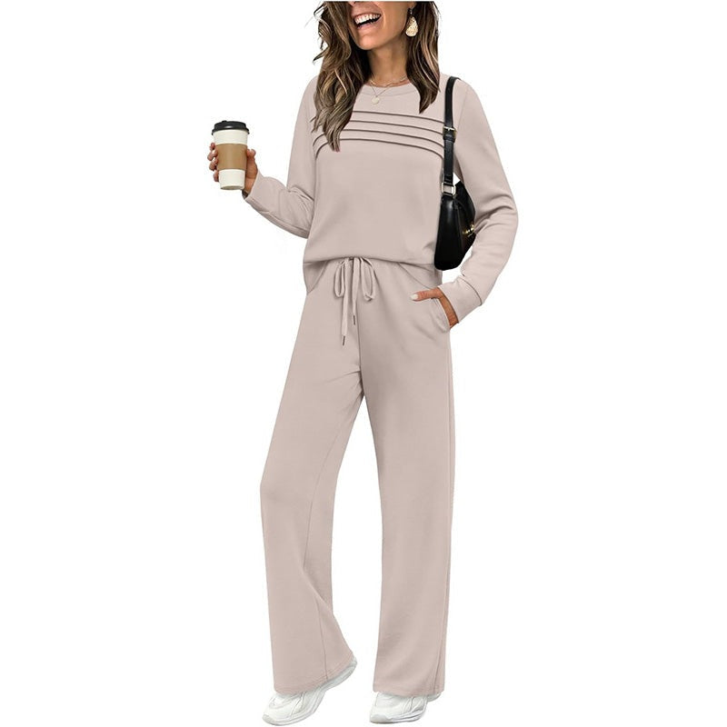 Tweedelige damesset met plooien op de borst en wijde broek met trekkoord - beige