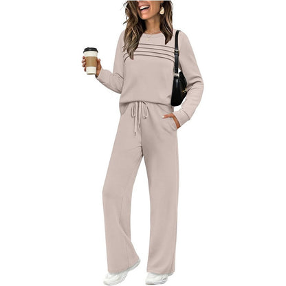 Tweedelige damesset met plooien op de borst en wijde broek met trekkoord - beige