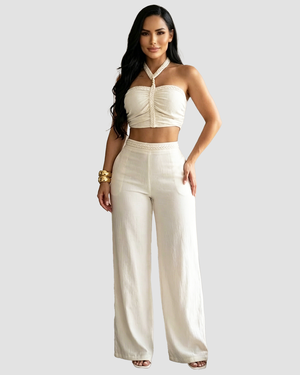 Tweedelige set met gevlochten haltertop en wijde broek met hoge taille - gebroken wit