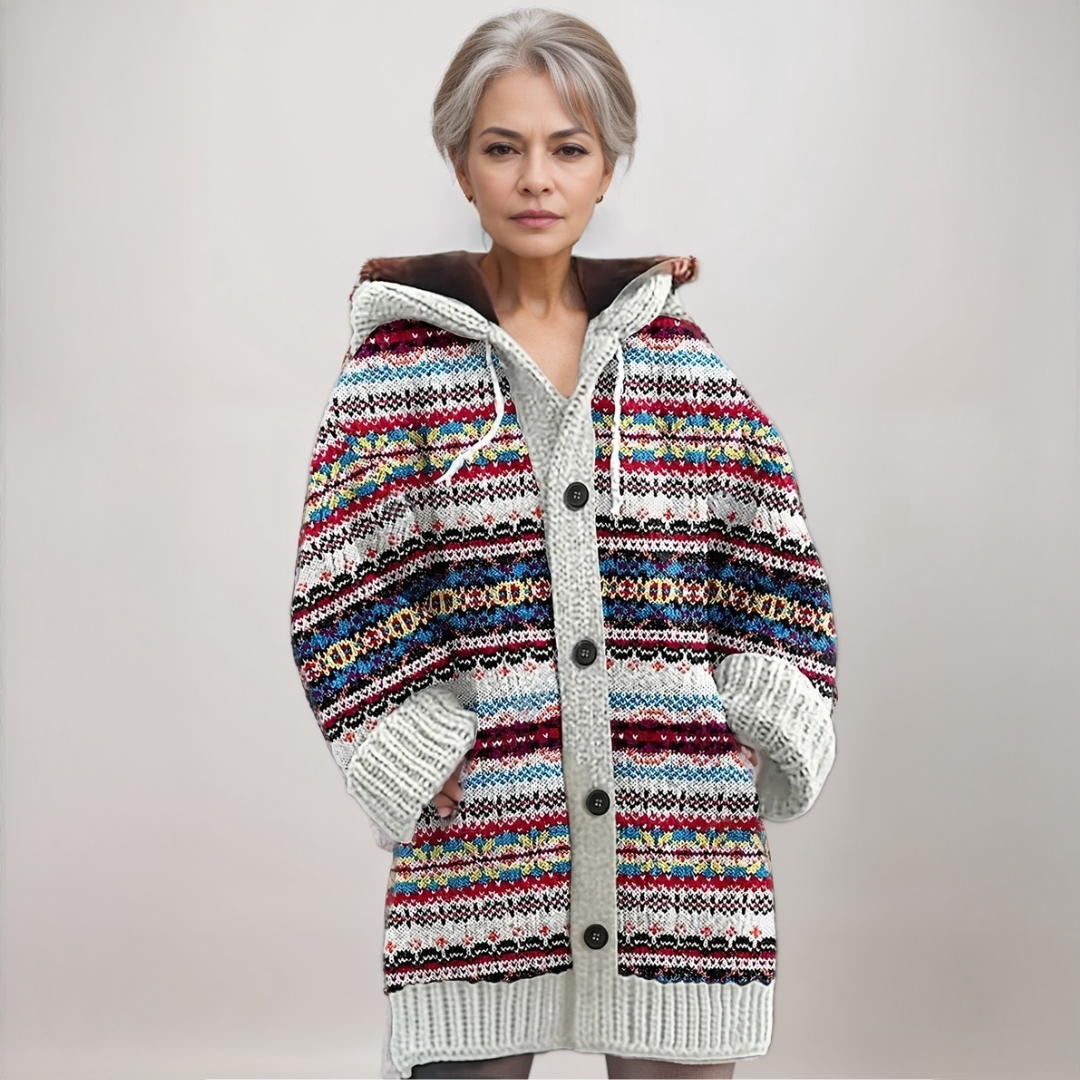 Grofgebreid vest dames met capuchon in Crème Jacquard