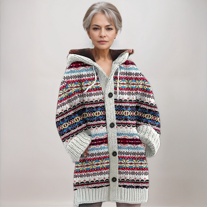 Grofgebreid vest dames met capuchon in Crème Jacquard