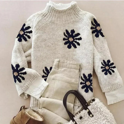 Gebreide trui met bloemenpatroon – Zachte warme wintertrui met vintage look