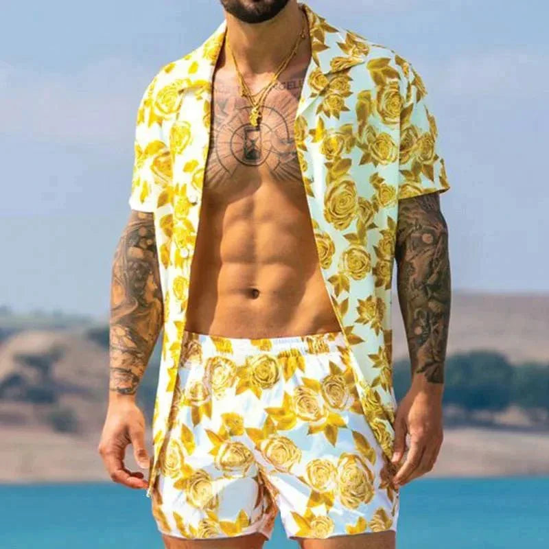 Zomerset heren in wit met gele rozenprint, overhemd en short
